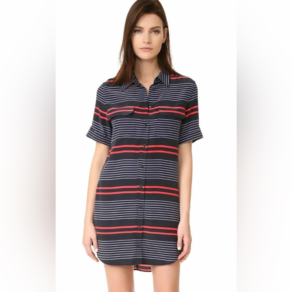 Equipment Femme Small Striped Short Sleeve Silk Signature Shirt dress L